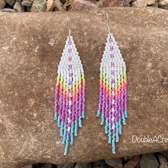 White with Sunset Colors Beaded Earrings with Fringe, New, Handmade by Me - Picture 3 of 6